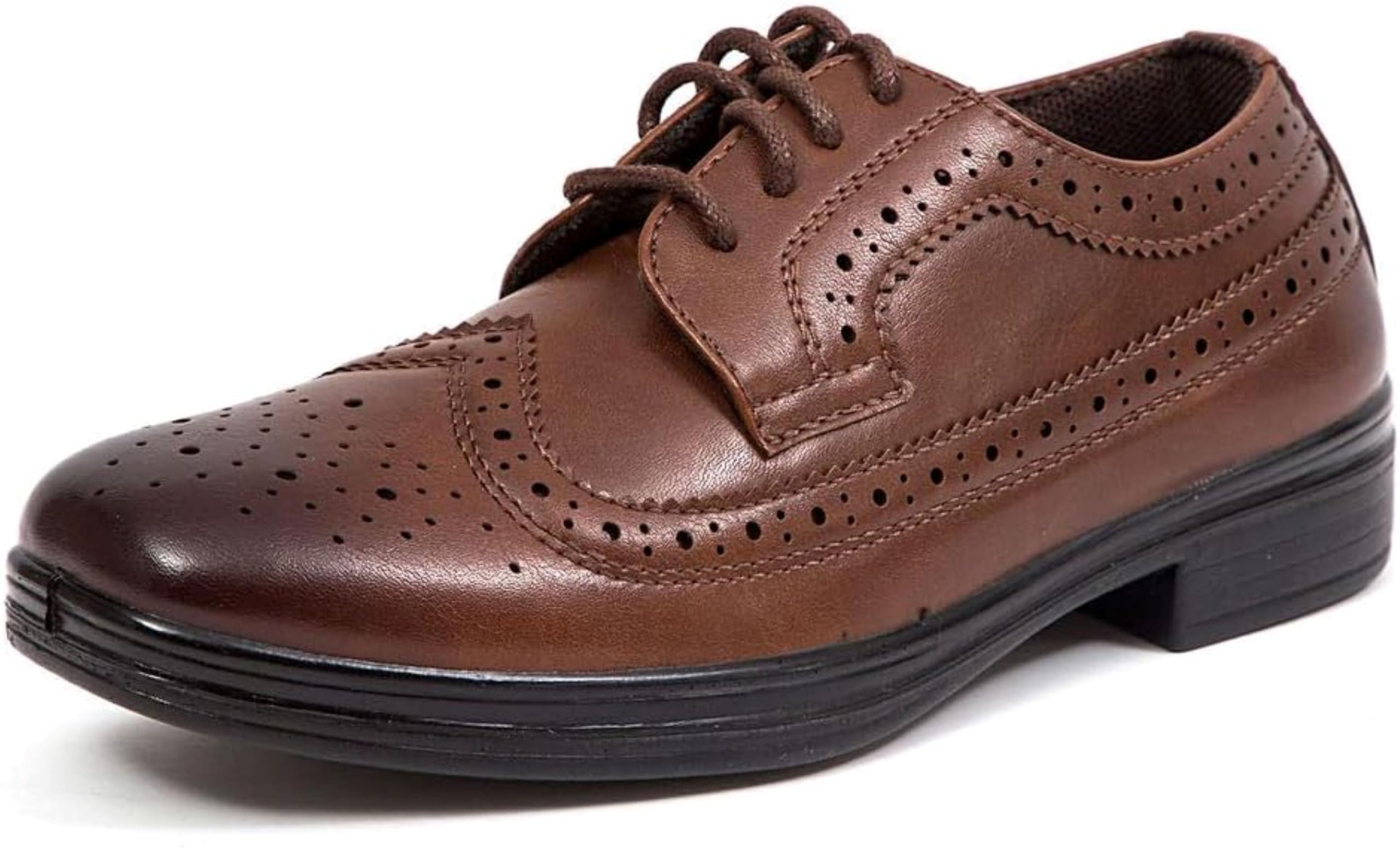 Deer Stags Boys' Ace Formal Dress Shoes Wingtip Brogue Oxford for Church, School Uniform, Graduation, Brown, 4 Big Kid Image