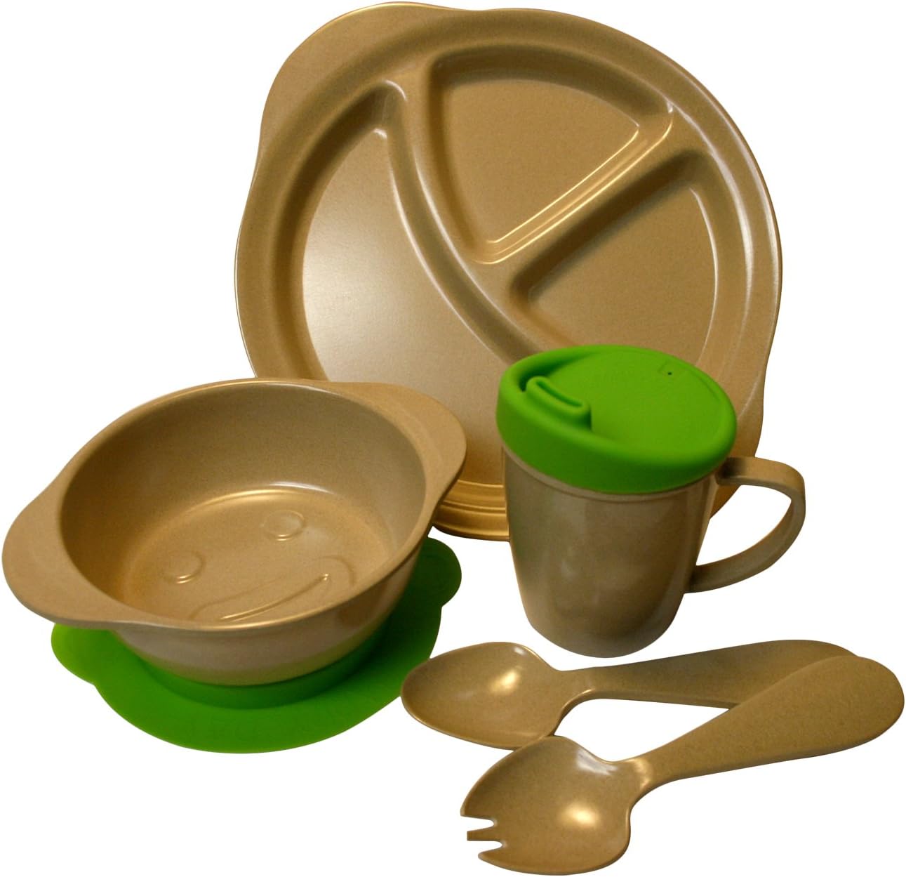 Eco Friendly Childs Complete 7 Piece Dinnerware Set with Bright Green Bowl Base and Sippy Cup Lid