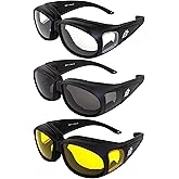 Birdz Eyewear Swallow Fit Over Glasses Foam Padded Motorcycle Sunglasses Riding Safety Glasses 3 Pairs Black Frame w/Clear Smoke Yellow Lenses