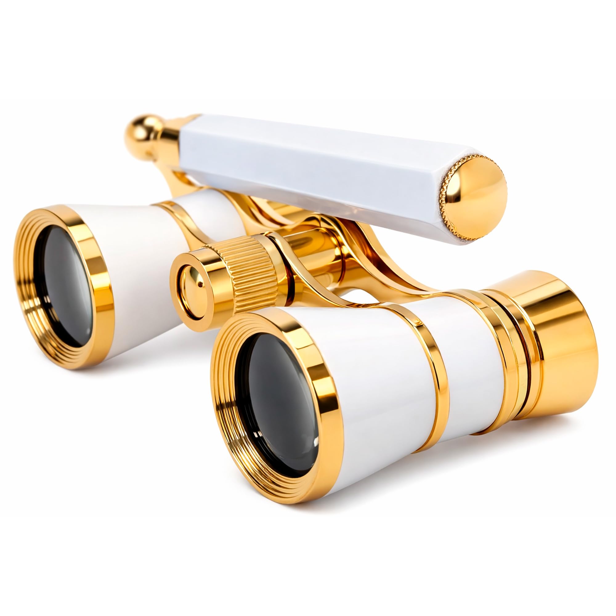 HQRP 3 x 25 Opera Glasses Binocular w/Built-in Extendable Handle White-Pearl with Gold Trim with Crystal Clear Optics (CCO)