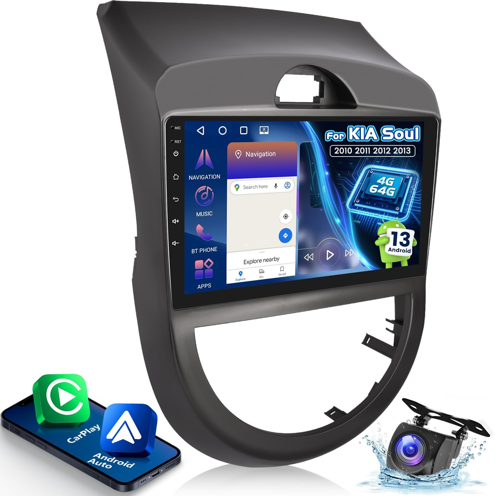 Photo 1 of [4+64G] Upgrade Radio for KIA Soul 2010 2011 2012 2013-9 inch IPS Touchscreen Android Soul Stereo - Wireless Carplay and Android Auto, AI DSP, WiFi, GPS, Custom Homepage + AHD Backup Camera