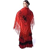 Flamenco triangle red shawl with fringes. Embroidered on one side red roses. Large size 75X35inch
