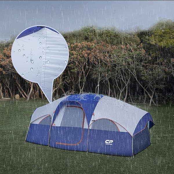 CAMPROS CP TENT 8 PERSON CAMPING TENTS, WEATHER RESISTANT FAMILY TENT, 5 LARGE MESH WINDOWS, DOUBLE LAYER, DIVIDED CURTAIN FOR SEPARATED ROOM, PORTABLE WITH CARRY BAG – DEEP GRAY