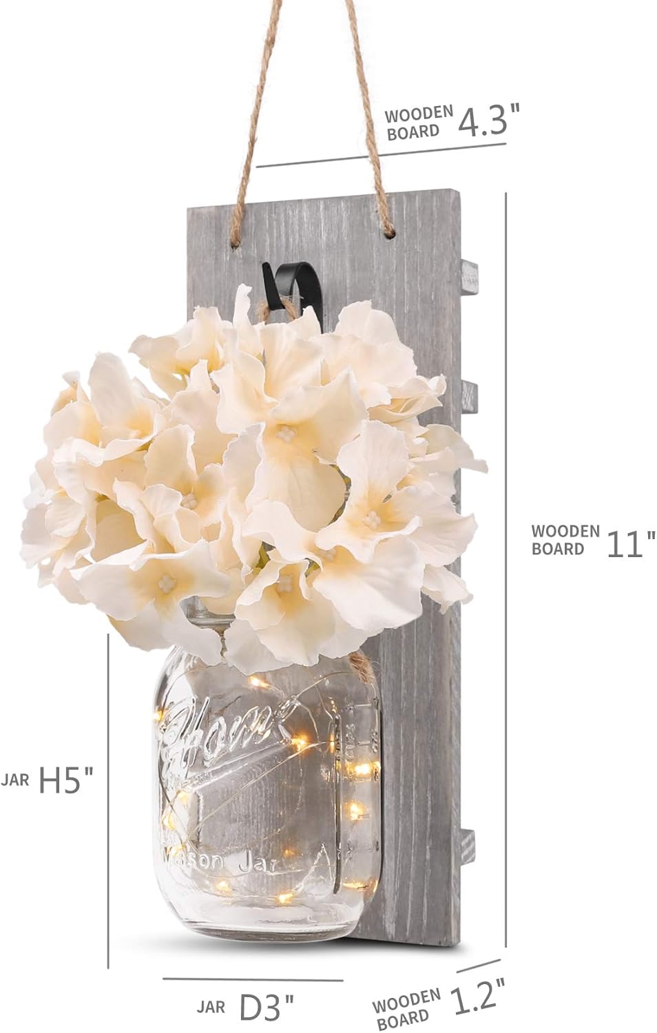 HOMKO Decorative Mason Jar Wall Decor - Rustic Wall Sconces with 6-Hour Timer LED Fairy Lights and Flowers - Farmhouse Home Decor (Set of 2): Home & Kitchen