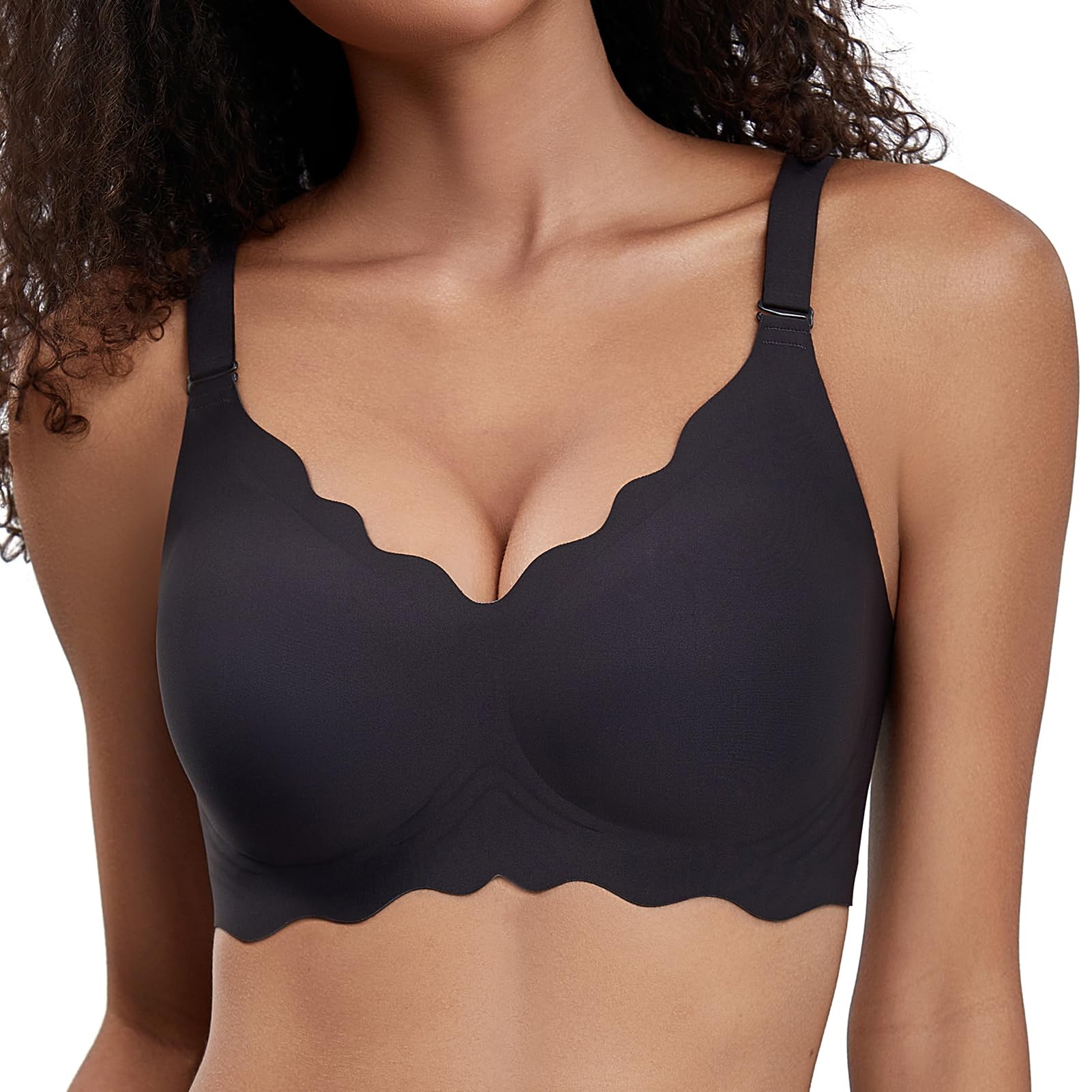 PQK Bras No Underwire for Women Comfortable Wireless Seamless T Shirt Bras Wavy Edge Full Coverage Push Up Bra (Size S Black)