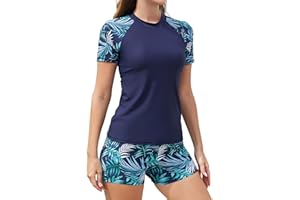 SHEKINI Women's Built in Bra 2 Piece Rash Guard Swimsuits with Short Sleeved Top & Boyshort