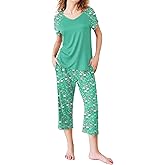 Ekouaer Pajamas for Women Set Short Sleeve Pj Sets Pullover Tops & Capri Pants 2 Piece Sleepwear Loungewear S-XXL