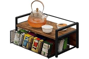 Tea Bag Organizer and Storage, Tea Holder Organizer with Drawer, Wood and Metal Tea Organizers and Storage Chest for Countert