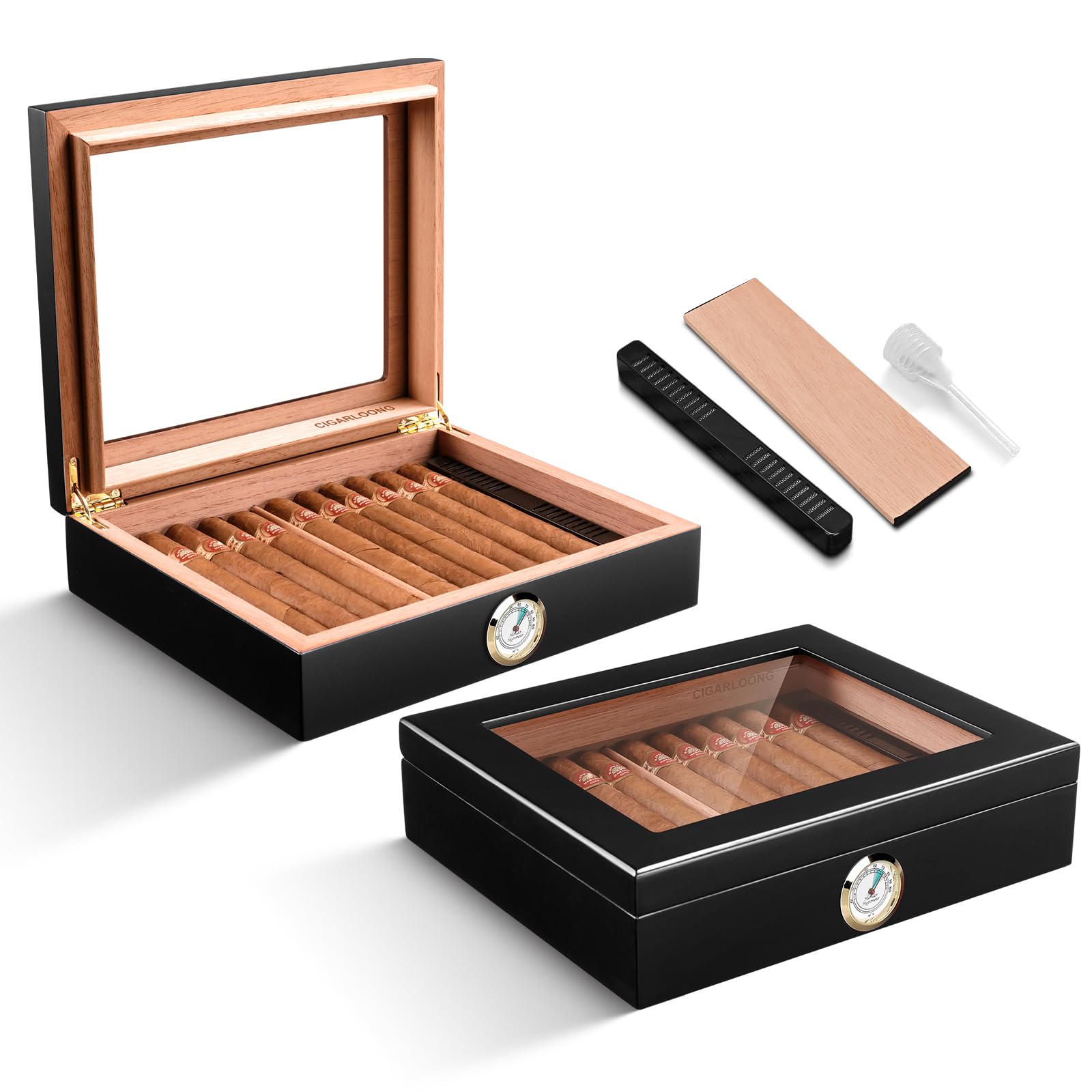 CIGARLOONG Cigar Humidor with Humidifier and Hygrometer Hold up to 20-25 Cigars Spanish Cedar Desktop Cigar Storage Box for Cigar Lovers(Color:Black1)