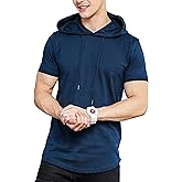 Klizzer Short Sleeve Hoodie for Men, 100% Cotton, Lightweight Gym Hoodies for Workout, Muscle-Fit Athletic Hooded T Shirt
