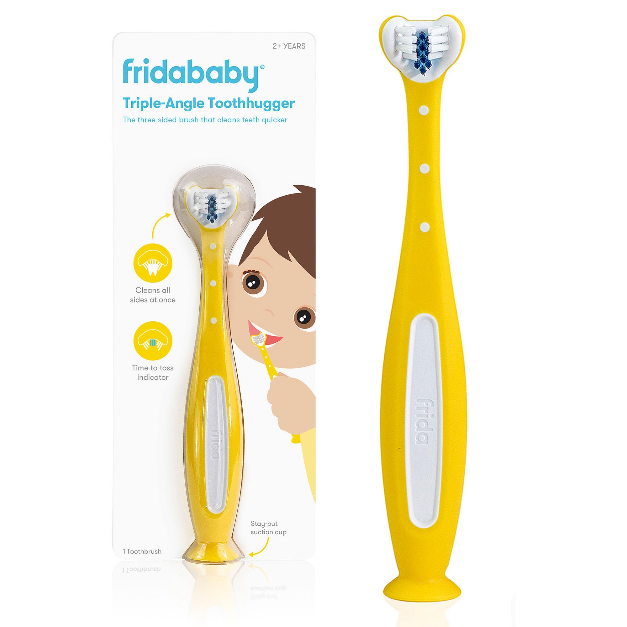 Frida Baby Kids Toothbrush | U-Shaped Toothbrush with Triple-Angle Bristles, Easy-Grip Handle, Soft Toothbrush Bristles | for Toddlers and Kids 2+ Years Old | Yellow