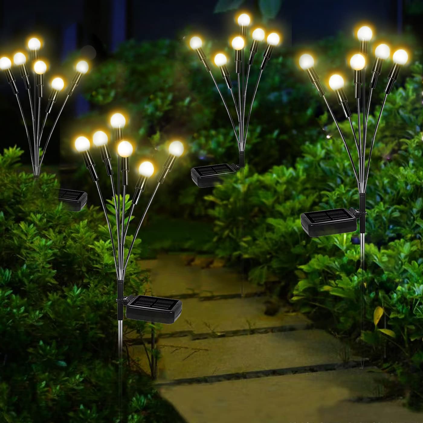 2 Pack Solar Powered Garden Firefly Lights, Starburst Sawying Light, LED Outoor Waterproof Stake Lights, Warm White Solar Garden Decorative Lights Landscape for Lawn Yard Patio Pathway Decoration