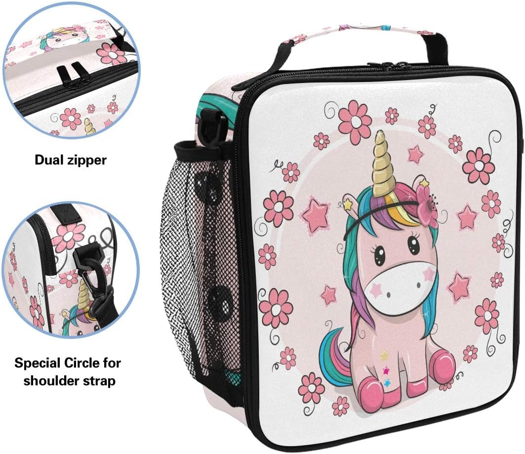 Mnsruu Pink Floral Unicorn Lunch Bag with Adjustable Shoulder Strap for Boys Girls,Insulated Lunch Box Cooler Bag for School Office Travel - Image 3