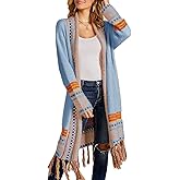 Misassy Womens Boho Open Front Long Cardigans Sweater Loose Long Sleeve Embroidery Tassels Kimono Duster Outwear