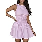 Floerns Women's Cute Striped Sleeveless Tank Dress Shirred Crew Neck Retro A Line Dresses