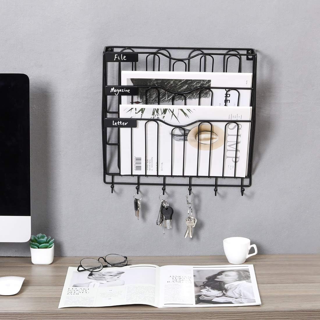 Wall File Holder Superbpag Hanging Mail Sorter Organizer 3-Tier Metal Wall Mount Magazine Literature Rack with Key Holder, Black : Office Products