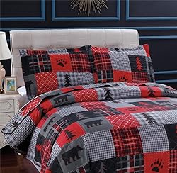 Junsey Rustic Bear Quilts Set Full/Queen Size, Red