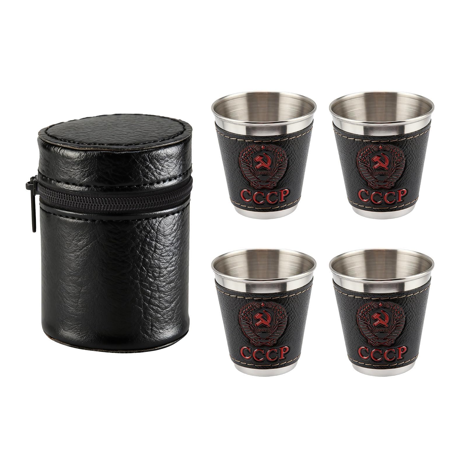 Agatige 4PCS 70ml (2.36 Oz) Stainless Steel Shot Cups, Mini Shot Cups Drinking Vessel, Outdoor Camping Travel Coffee Tea Cup Wine Cup with 1 Leather Cover Bag for Travel Picnic, 1.3 * 2 * 2.3in
