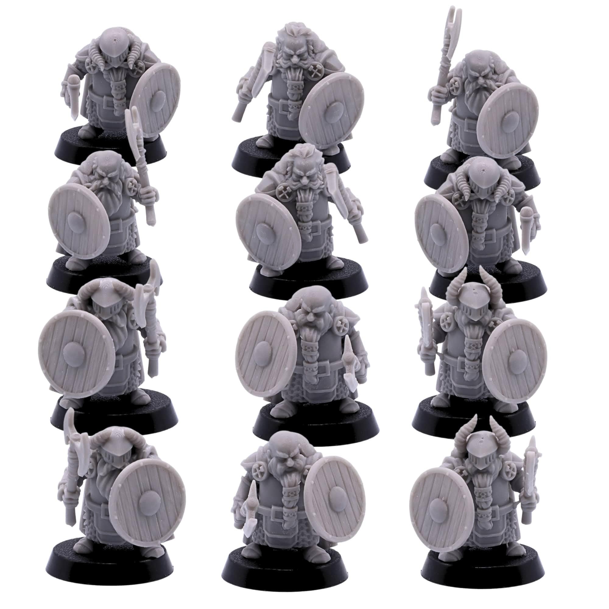 Dwarf Longbeards Miniatures Set – 12 Dwarves with Axe & Shield for Fantasy RPG | 28mm Scale Wargaming Models | DnD, Pathfinder, Tabletop Games | Kyoushuneko Miniatures | Resin Unpainted Figures