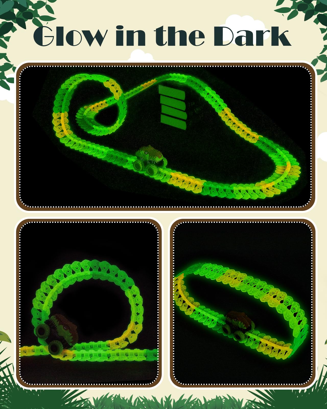 GleamKid 154PCS Rechargeable Car Track Toy Set, Glow Race Track, Flexible Car Tracks, Dinosaur Track Set Glow in The Dark, Race Train Track Toy for 3 4 5 6 7 8 Year Old Boys Gifts, 2*800mAh Batteries