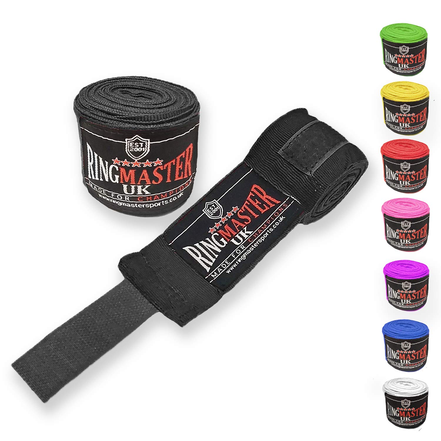 RingMaster Hand Wraps Thumb Loop Boxing MMA Kickboxing Muay Thai Martial Arts Inner gloves mitts Gym Fitness (Black, 3.0)