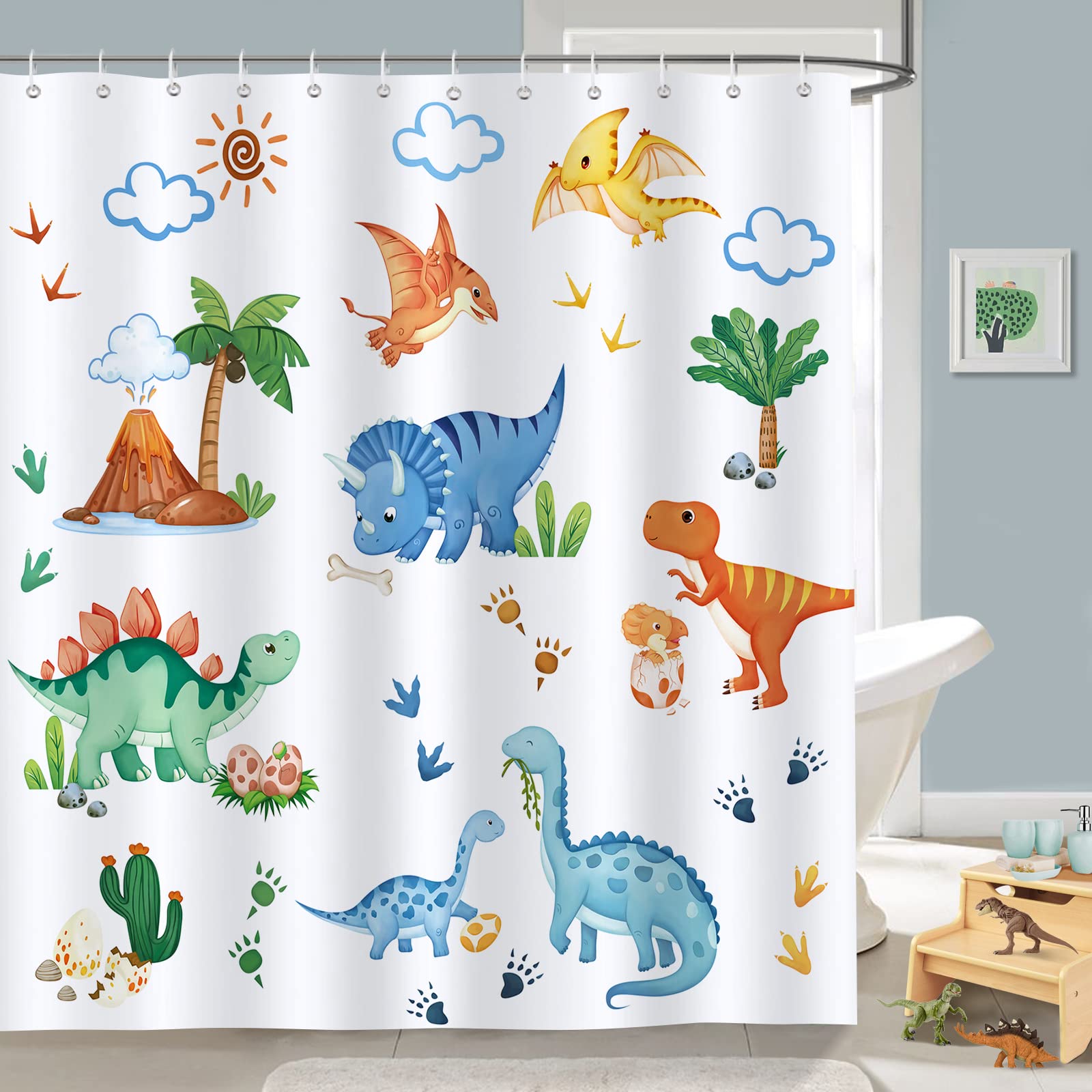 Bonhause Kids Dinosaur Shower Curtain Colorful Cute Dino Bathroom Curtain 180 x 180 cm Waterproof Mildew & Mould Resistant Polyester Fabric Bath Curtain with 12 Hooks — image 1