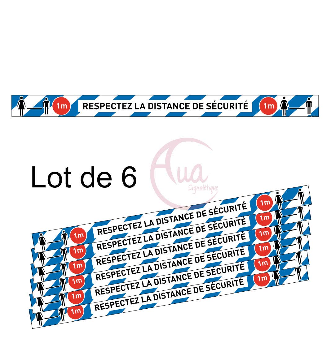 AUA SIGNALETIQUE - Lot de 6 Bandes de Marquage au Sol - Respectez la Distance de sécurité - Bleu - Autocollant laminé - 1000x70 mm