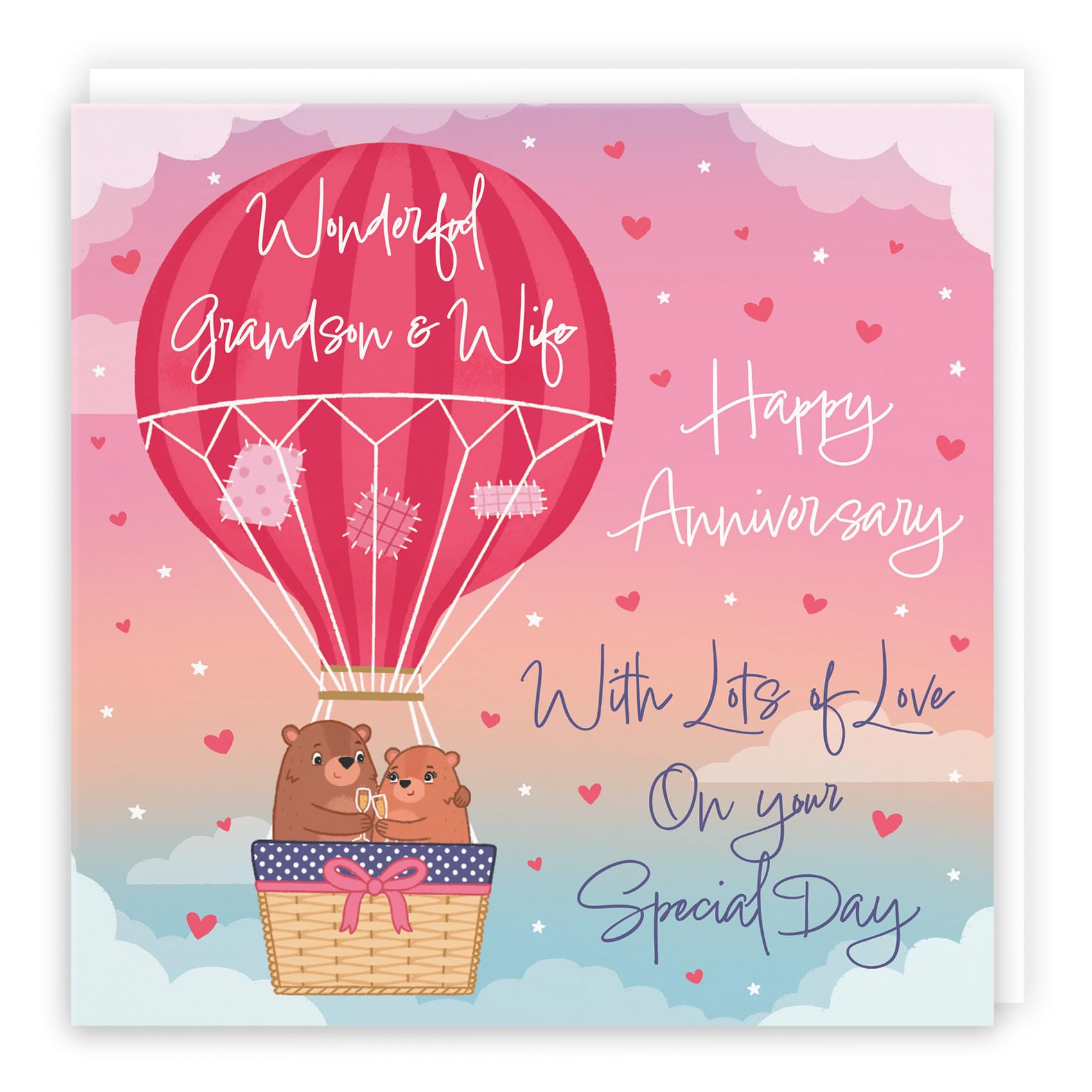 Hunts England - Grandson And Wife Hot Air Balloon Anniversary Card - Cute Bears Collection - Anniversary Card For Grandson And Wife - Champagne And Love Hearts — image 1