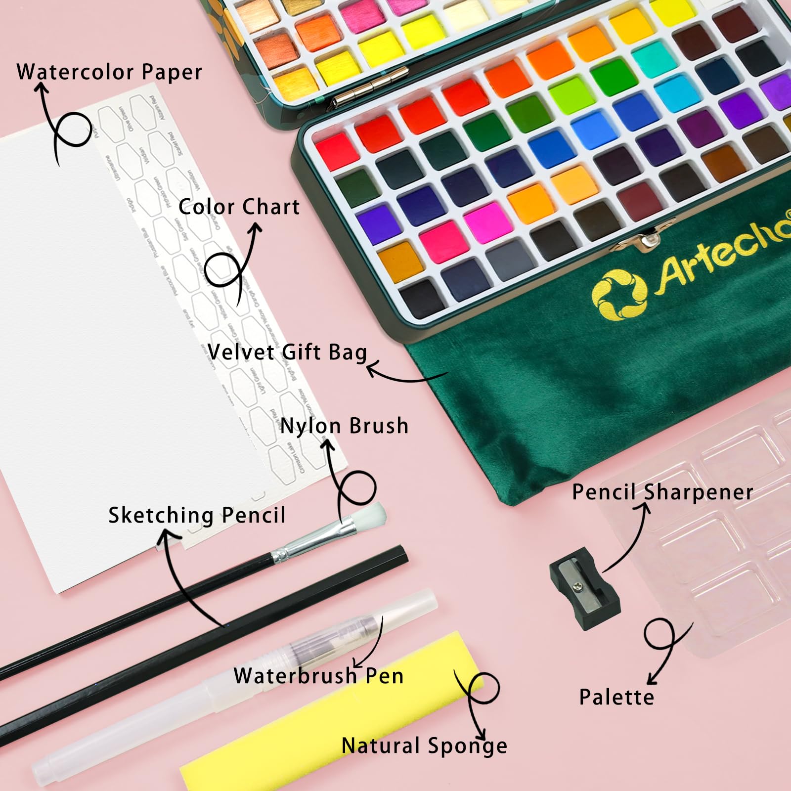 Artecho Watercolor Paint Set 100 Colors with Metallic in Portable Box, Paint Kit with Watercolor Papers and Brushes, Water Color Set for Beginners & Professionals