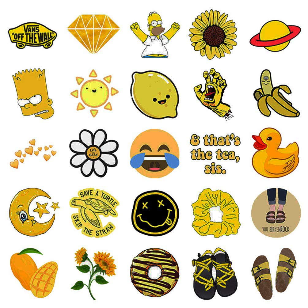 Trendy VSCO Vinyl Stickers for Laptop Water Bottles (50-Pack) Cute Aesthetic Waterproof Stickers for Hydroflask Phone Skateboard Guitar, Suitable for Girls, Kids, Teens, Adults (Yellow Series)