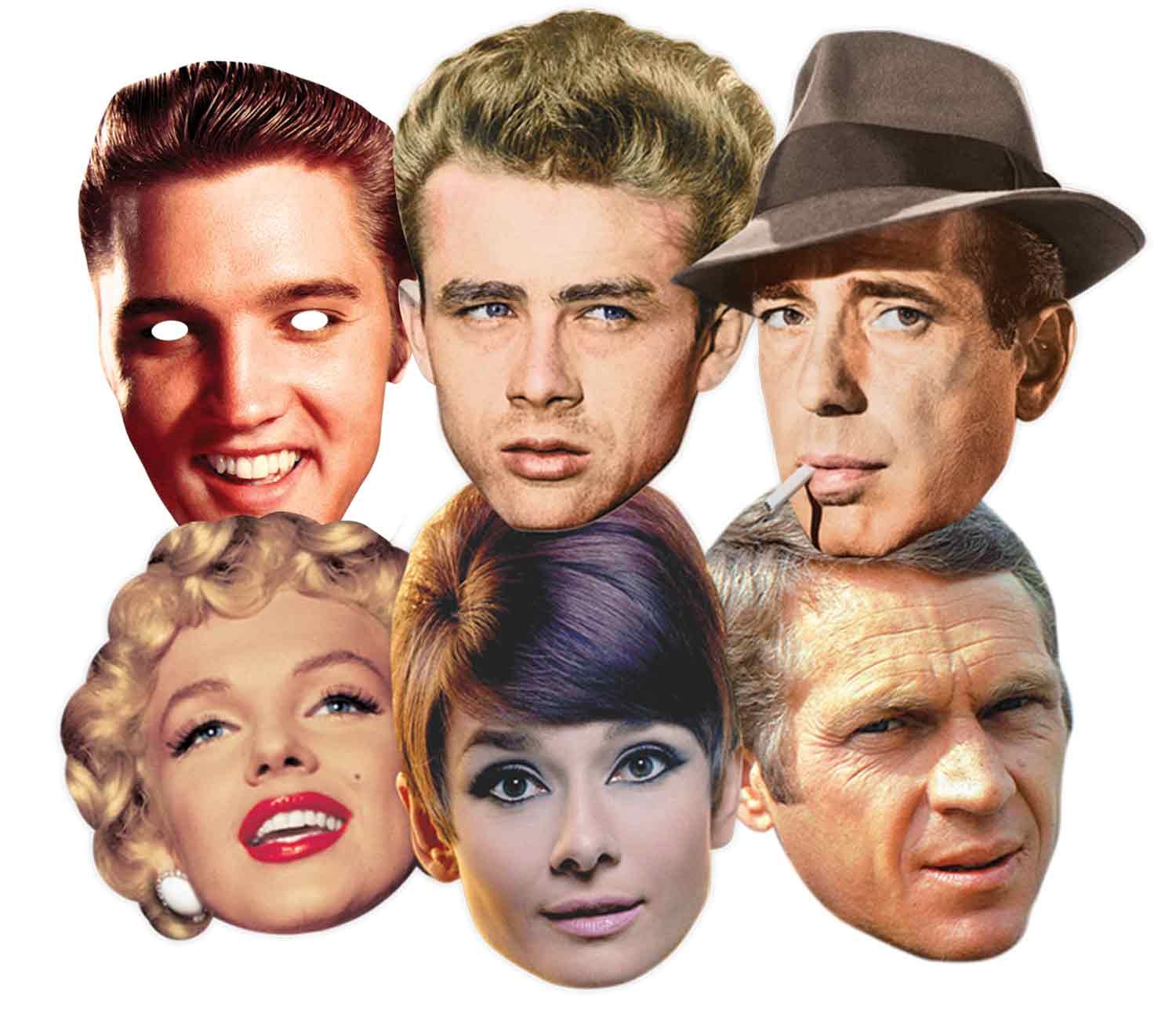 STAR CUTOUTS SMP67 Hollywood Masks, Party 6 Pack - (Audrey Hepburn, Steve McQueen, Monroe, James Dean, Elvis, Humphrey Bogart) One Size