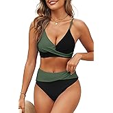 Adisputent Womens High Waisted Bikini Sets Deep V Color Block Swimsuit Triangle Push Up Swimwear Cute Two Piece Bathing Suits