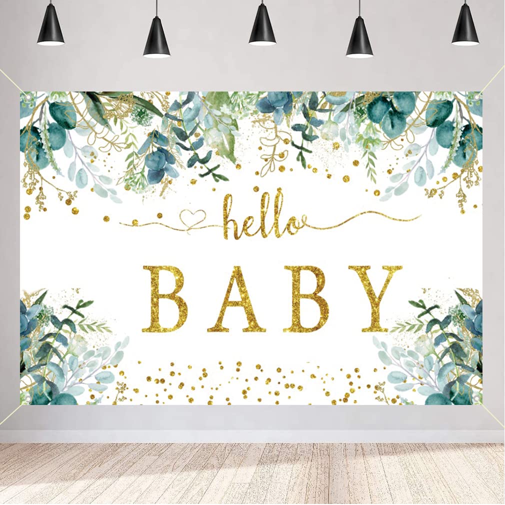 Hello Baby Backdrop for Baby Shower Gold Eucalyptus Greenery Leaves Gender Neutral Kids Photography Background Newborn Party Decoration Banner Welcome Sign, 150cm x 90cm