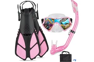 AosDero Kids Snorkeling Set - Adjustable Flippers + Panoramic Snorkel Mask + Dry Snorkel Tube + Travel Bags - Suitable for Kids & Juniors, Age 5-14