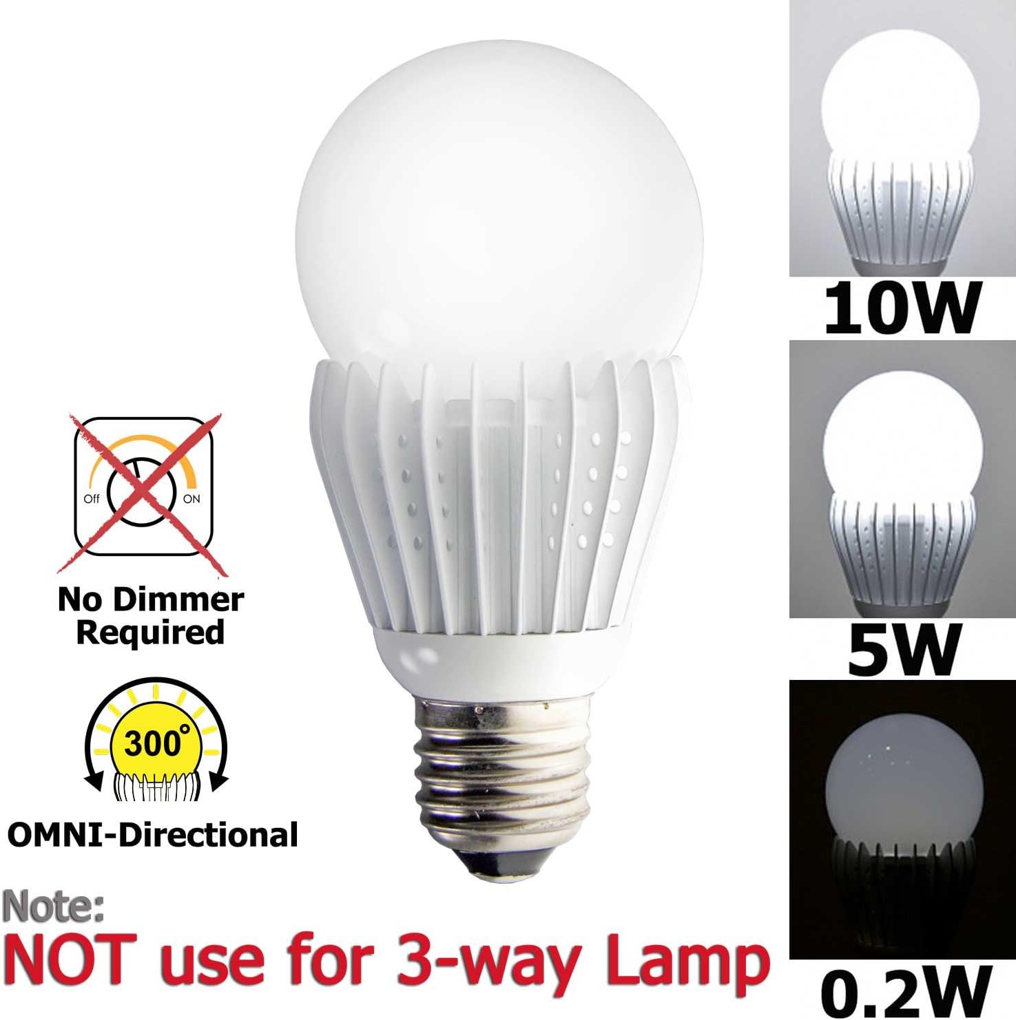 iSmartLED 3 Switchable lighting Levels LED light Bulb of 10/5/0.2W (Not for 3-way lamp or socket and No Dimmer Required), A19 Medium Base Dimmable Daylight White, for Type E26, 900lm(6000K)