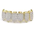 JINAO 18K Gold Plated Iced Out CZ Grillz Fang Top Bottom Mouth Teeth Grills Set for Men Women