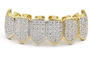 JINAO 18K Gold Plated Iced Out CZ Grillz Fang Top Bottom Mouth Teeth Grills Set for Men Women