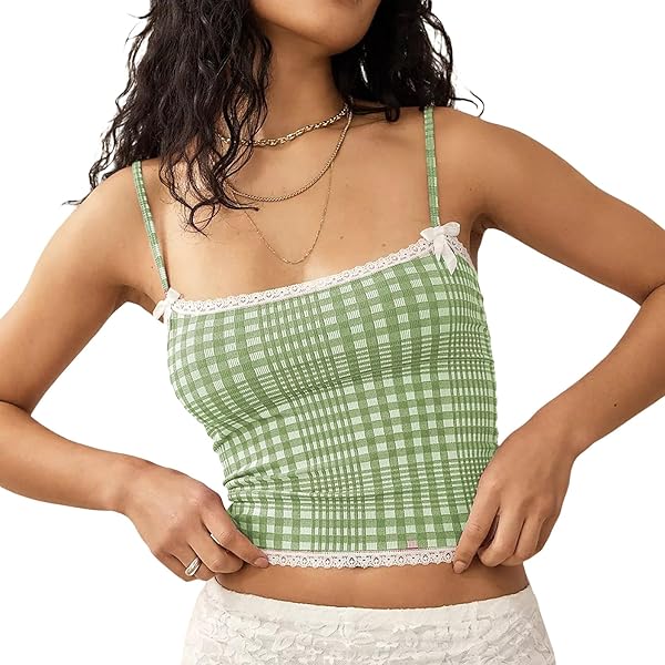 Women Y2k Gingham Tank Top Spaghetti Strap Plaid Crop Top