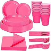 WELLIFE 210Pcs Hot Pink Plastic Plates, Pink Disposable Plates for Party | Party Plates and Cups and Napkins Sets,Pink Disposable Plates,Pink Party Plates for 30 Guest,Pink Party Supplies