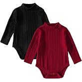 DEFAHN Baby Turtleneck Bodysuit 2 Pack Long Sleeve Ribbed Onsies 0-24M | 2-Pack Soft and Thick, Ribbed Turtleneck Bodysuits with Side Shoulder Snaps for Easy Dressing and Warm Everyday Comfort