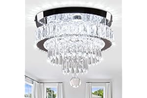 LEONTYNE 11.8" Modern LED Crystal Chandelier-Flush Mount Ceiling Light Fixture with K9 Crystals,Stainless Steel Small Chandelier for Bedroom Dining Room Hallway Entryway Foyer Closet,Energy Efficient 6500K