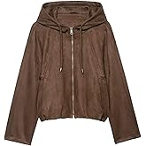 Kissonic Womens Faux Suede Bomber Jacket Drawstring Hooded Pilot Cropped Coat Zipper Casual Outerwear with Pockets