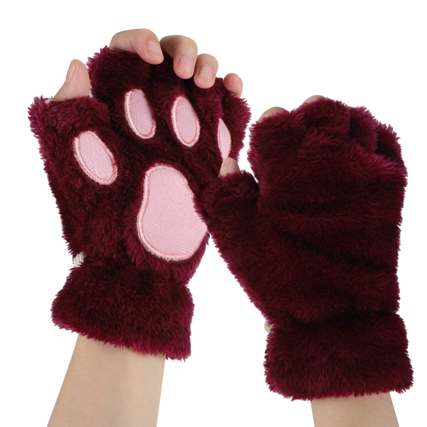 IBLUELOVER Women's Cat Paw Winter Gloves - Plush Warm Cosplay Gloves Half Finger Cute Bear Claw Thermal Mittens for Halloween Party Fancy Dress (Burgundy)