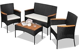 Shintenchi 4-Piece Patio Furniture Set, Outdoor Wicker Patio Conversation Furniture Set with Cushions and Wooden Tabletop for Paito Lawn Backyard, White Cushion