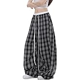 Unotobe Women's Plaid Loose Wide Leg Pants Drawstring Elastic Waist Casual Baggy Trousers Trendy Y2K Streetwear with Pockets
