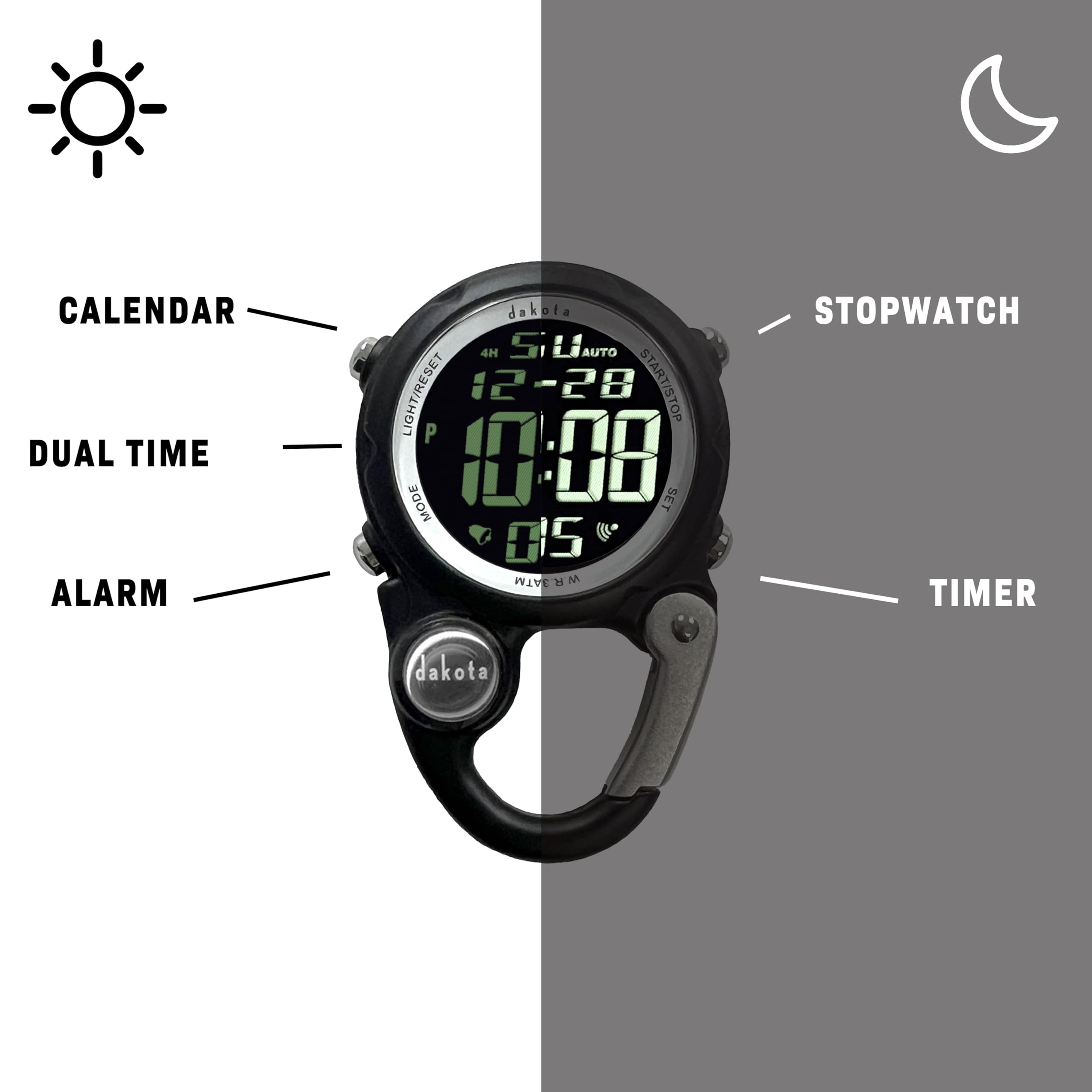 Dakota Digital Clip, Alarm, Stopwatch, Timer and Dual Time, Quality Pocket and Fob Watch, Premium Durability Outdoor Gifts for Men, Tactical Digital Clip on Watch