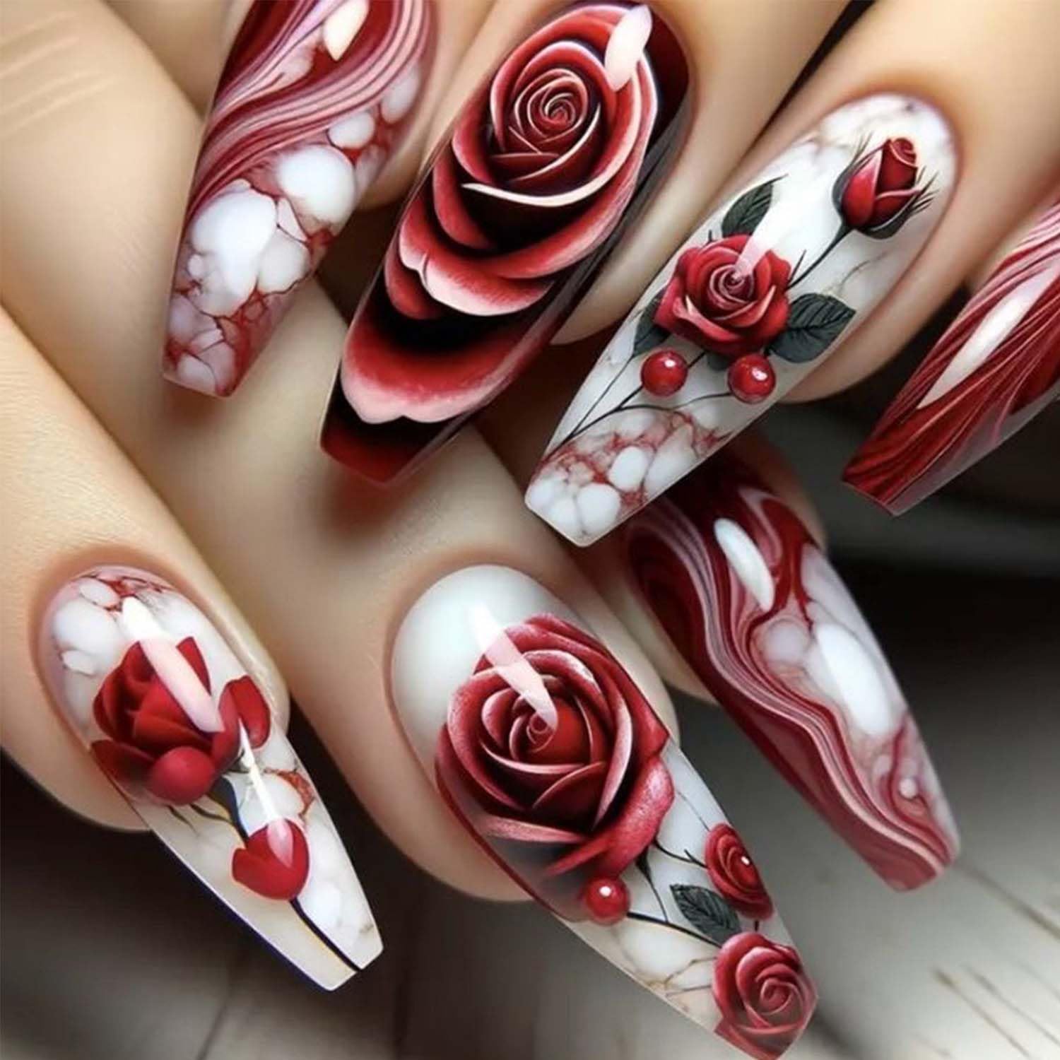 Photo 1 of 24pcs Rose Press On Nails Medium Coffin Fake Nails Flower With Gradient Design Red Acrylic Nails Full Cover Artificial Nails Glossy Glue On Nails Reusable Stick On Nails For Women Manicure