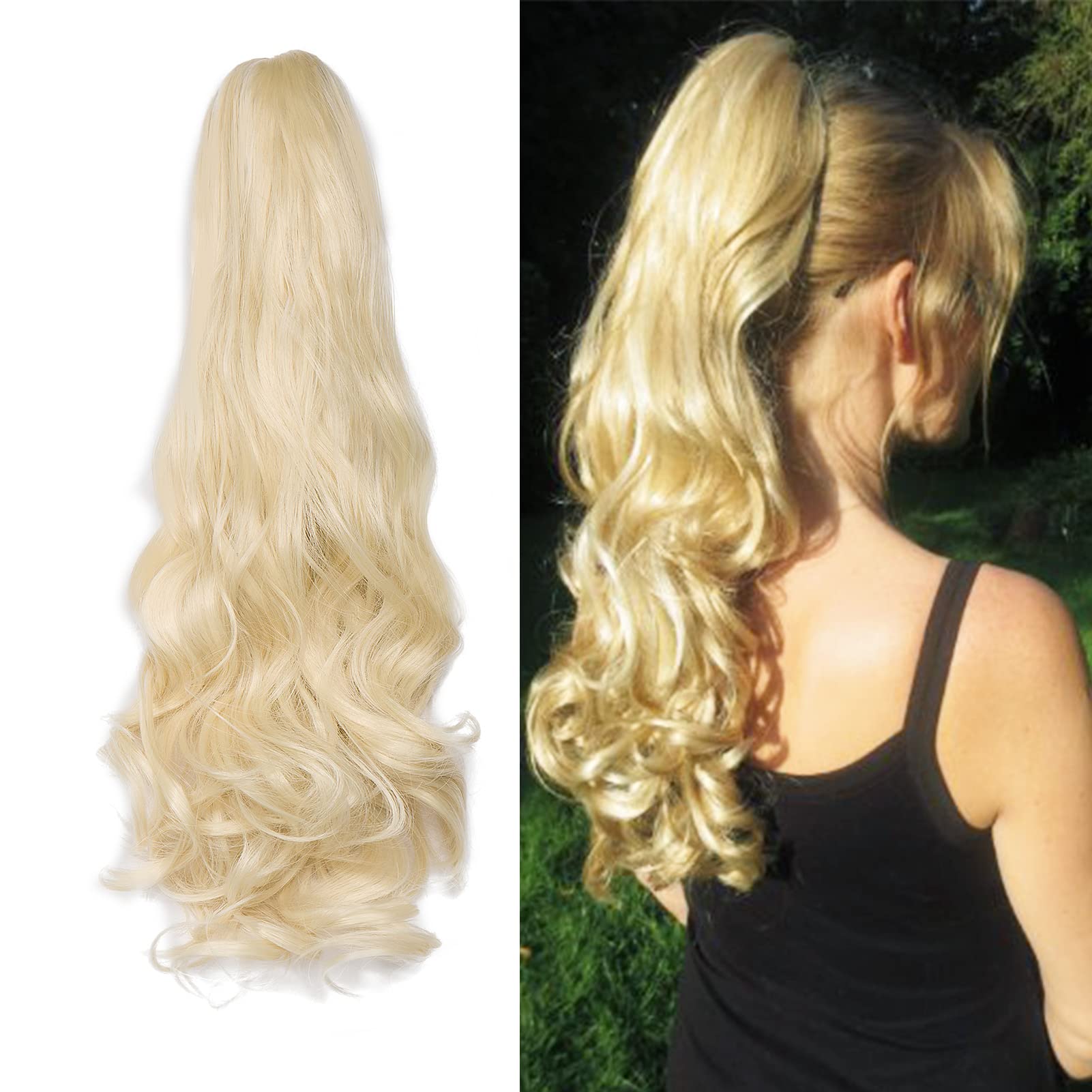 Claw on Ponytail Clip in Hair Extensions Hairpiece Extension Synthetic Curly Wavy Jaw Pony Tail Long Natural (Bleach Blonde)