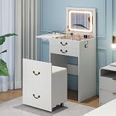 FURSUN 3-in-1 Vanity with Flip Mirror &amp; Lights, Fluted Compact Vanity Table with 3 Drawers, Storage Compartment and Rolling Stool, Modern Small Makeup Vanity for Bedroom, Powder Room, Solid White