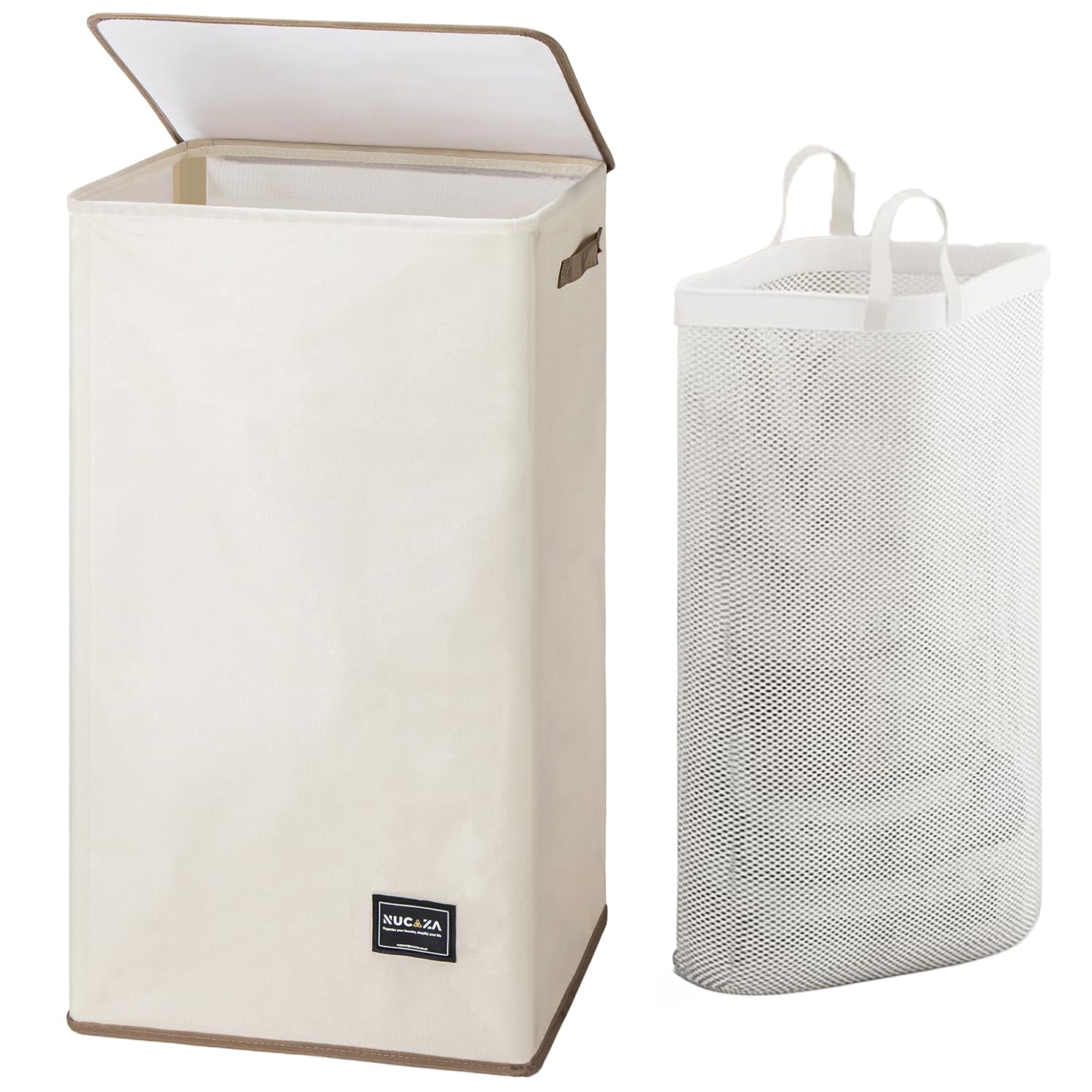 NUCAZA Large Laundry Basket with Lid and Laundry Bag - 100L Foldable Washing Basket, Linen Bin with Handles for Bedrooms, Laundry Hamper for Dirty clothes, Beige